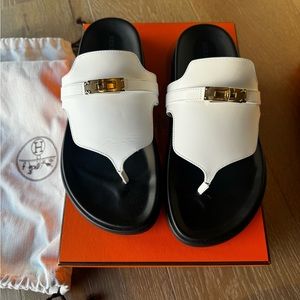 Hermes White Sandals with Gold Buckle
